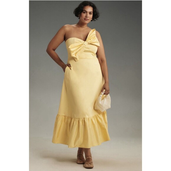 Anthropologie Hutch Bow Tie Preppy Maxi Dress Sz 16 Yellow NWT - Picture 1 of 11